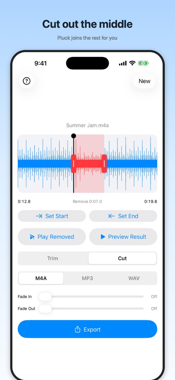 Cut mode: remove the selected part of the waveform