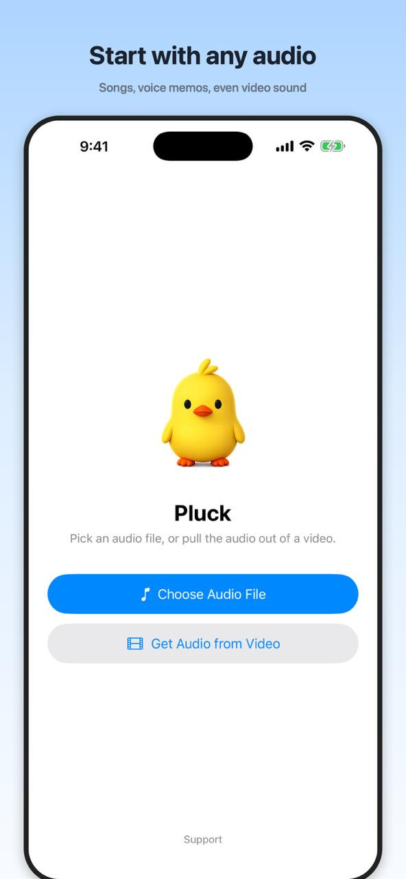 Pluck home screen: choose an audio file or pull audio from a video
