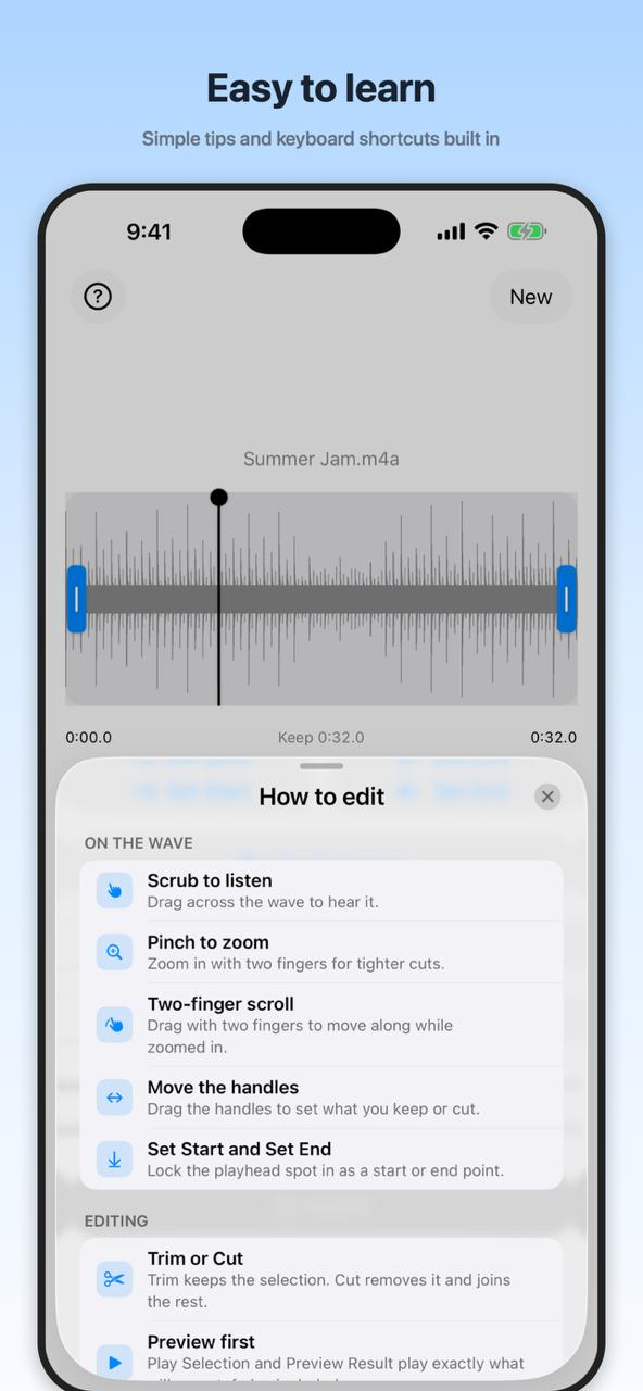Built-in help sheet with gesture tips and editing guide